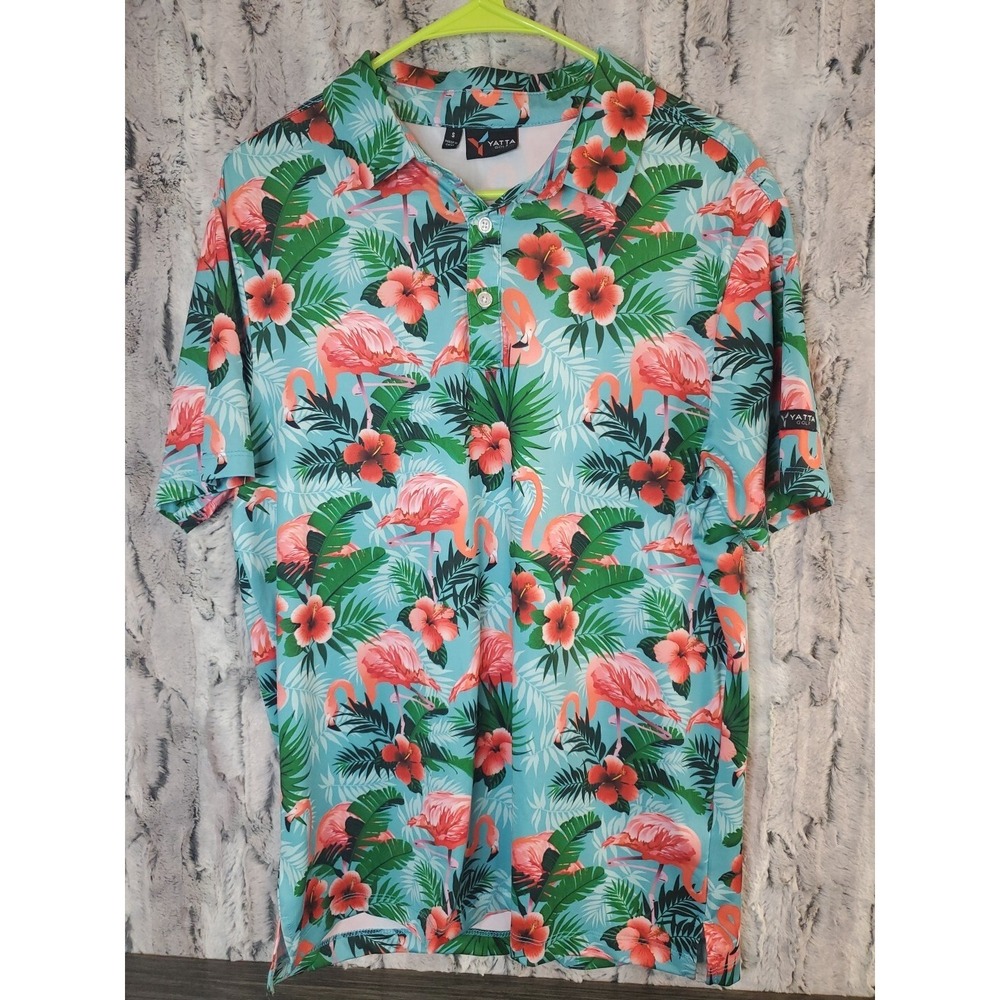 Yatta Golf Men's Pau‎ Hana Flamingo Tropical Soft Golf Polo Shirt Small EUC